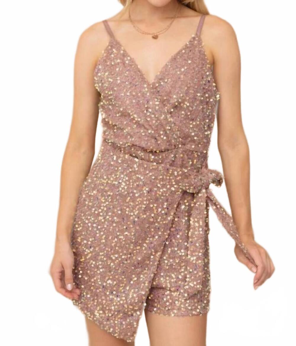 NEW AKAIV sleeveless sequins wrap romper in dusty pink